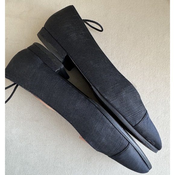 Chanel Ballet Flats Ballerina 37.5 Black Satin Denim Leather Cap Toe - Picture 9 of 11